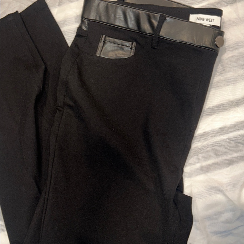 Women Nine West Black Pants with leather Trim Around the Waist